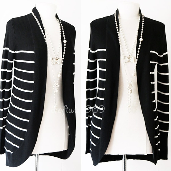 a new day Sweaters - Last 1☝️Black White Striped Soft Cocoon Cardigan